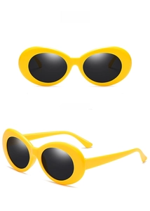 Detailed views of retro oval yellow frame sunglasses with grey lenses in top and side angles