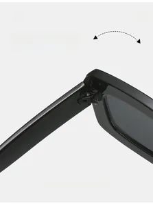 Detail of durable texture hinge on black square sunglasses with thousands of folds capability
