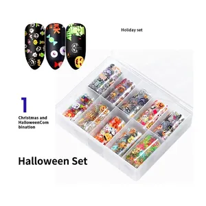 10-roll Halloween and Christmas nail art foil set with pumpkin patterns in clear box