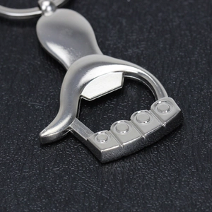 Silver metal mermaid tail keychain bottle opener with a sleek polished finish and 4-hole detail