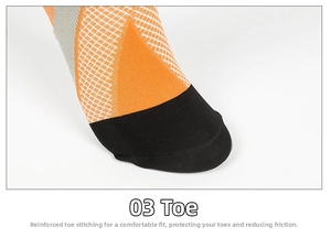 Detail of reinforced black toe seam and breathable mesh fabric on compression sports socks