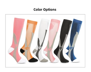 Detail view of multi-color compression socks featuring reinforced arch and ankle support