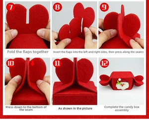 Step-by-step DIY assembly guide for red felt Christmas candy gift boxes with Santa decor