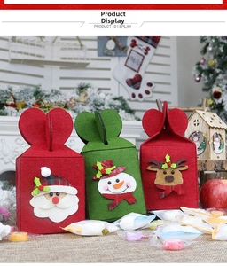 Detailed view of red and green felt Christmas gift bags with Santa and snowman designs