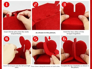Detailed six-step assembly guide for the red felt folding gift box with secure closures