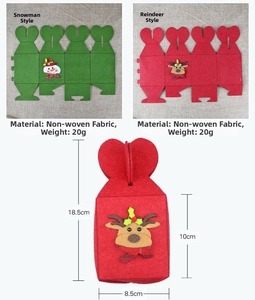 Detail view of non-woven Christmas gift bags with snowman and elk folding designs