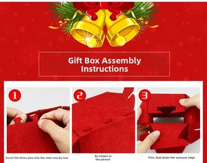 Installation guide for red felt Christmas gift bag showing folding and assembly steps