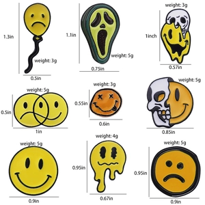 Detailed size and weight chart for nine unique enamel skull and smile face badges