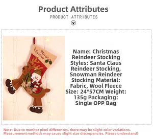 Detailed view of Santa and snowman reindeer Christmas stocking measuring 24x57 cm