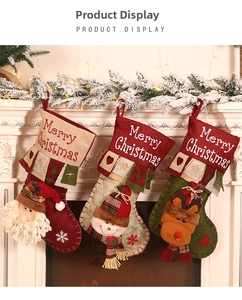 Detailed view of three 3D Christmas stockings hanging on fireplace with festive decor