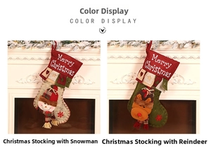 Detail of 3D Santa and reindeer burlap Christmas stockings on a cozy white fireplace