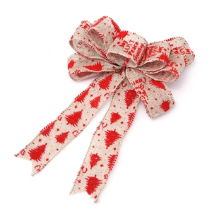 25cm red linen Christmas bow with festive tree prints and holiday greetings for tree decor