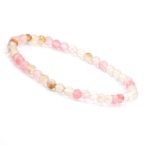 Macro detail of natural 4mm pink and yellow agate crystal beads on a stretch bracelet