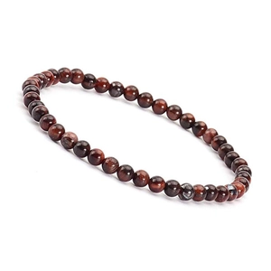 Detailed close-up of 4mm red tiger eye stone beads on a polished elastic beaded bracelet