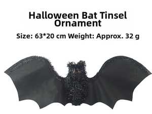 Detail of a 63x20cm black plush bat hanging decoration with red eyes for Halloween