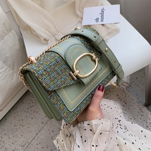 Tweed Stitching Crossbody Bag PU Leather Gold Chain Shoulder Square Handbag Vintage Elegant Fashion Women