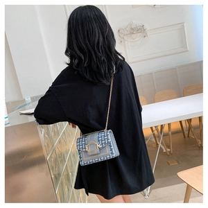 Blue and white tweed shoulder bag with gold chain strap worn by a model