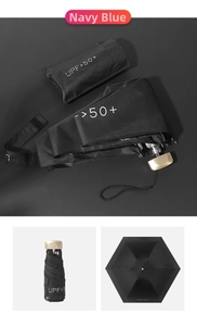 Navy blue five-fold mini umbrella with matching storage bag and UPF 50+ sun protection