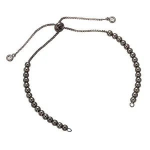 Adjustable gunmetal bead chain bracelet with slider clasp and zircon pendant details