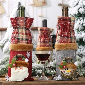Christmas burlap wine bottle covers featuring 3D Santa and Snowman with plaid trim