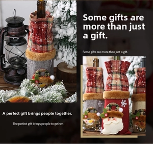 Detail of Christmas wine bottle bags with Santa and elk patterns in linen and felt fabric