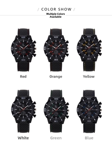 Sports quartz watch with black silicone strap shown in six vibrant color variations