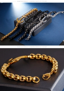 Detailed view of three stainless steel anchor bracelets in gold, silver and black finishes