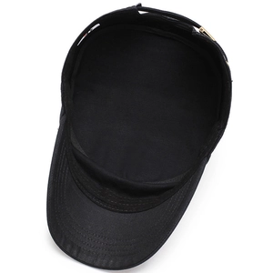 Classic black cotton flat top army cap with adjustable metal buckle on white background