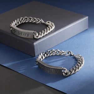 Vintage stainless steel cuban chain bracelet with engraved cross and pray metal plate