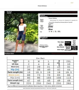 Größentabelle für Damen-Denim-Shorts mit Taillen- und Hüftmaßen von S bis 2XL