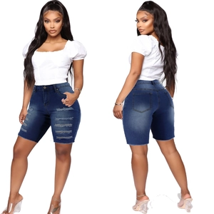 Damen Distressed Denim Bermuda Shorts Zerrissene Löcher Rohsaum Hoher Stretch Baumwolle Viskose Lässig Skinny Dunkelblau