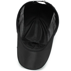 Lightweight black quick-dry mesh baseball cap with breathable side panels and metal buckle