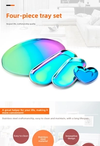 Rainbow-plated stainless steel tray set including large oval and small heart shapes