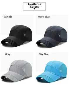 Detail view of breathable mesh baseball caps in black, navy, grey and sky blue