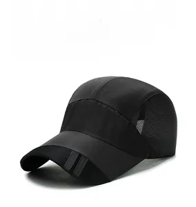 Close-up of black breathable mesh baseball cap with stylish grey stripes on the brim