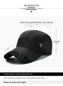 Detail view of quick-dry baseball cap with mesh vents showing size measurements