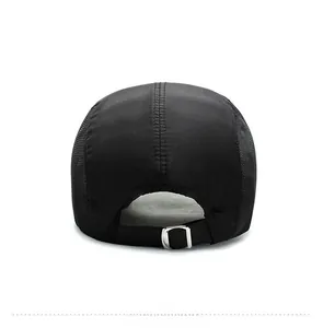 Back view of black quick-dry baseball cap with breathable mesh and adjustable strap