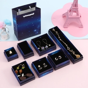 Starry sky theme dark blue jewelry gift box set with matching paper bag and foam inserts