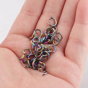 Close-up of rainbow plated stainless steel jump rings for DIY jewelry making