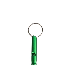 Close-up of a green aluminum survival whistle with silver keyring on white background
