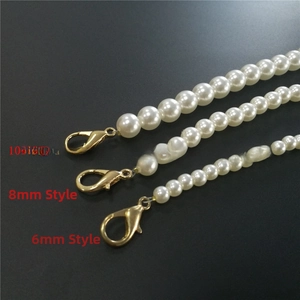 Close-up of 6mm, 8mm, and 10mm faux pearl chains with gold zinc alloy lobster clasps
