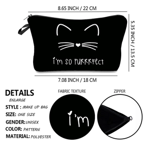 Tragbare schwarze Katzen-Kosmetiktasche für Damen mit Aufdruck und Größeninformationen