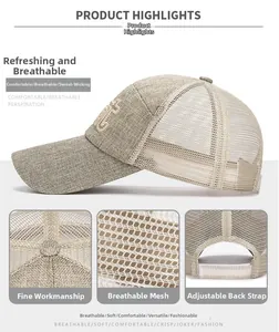 Close-up of linen mesh baseball cap with G embroidery and breathable mesh back panel