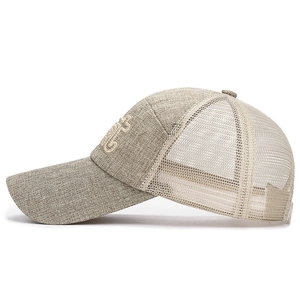Khaki breathable linen trucker hat with SPORT embroidery and mesh back for sun protection