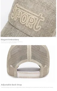 Detailed view of SPORT embroidery and adjustable velcro strap on linen mesh cap
