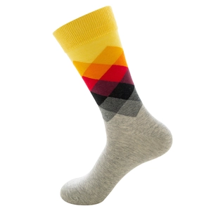 Detailed knit texture and geometric diamond pattern on colorful gradient crew socks