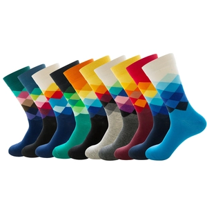 Ten-pack set of argyle cotton socks in various colorful geometric patterns for unisex