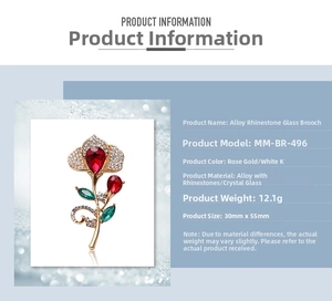 Detail view of flower brooch with red crystal, alloy rhinestones and product dimensions