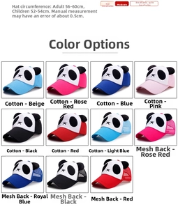 Grid display of cute panda baseball caps showing various colors and breathable mesh styles