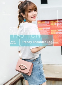 Detailed view of a pink shoulder bag with a large metallic lip-shaped buckle and gold chain
